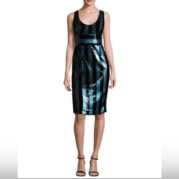 MILLY Veronica Sleeveless Striped Sequin Cocktail Dress, Blue/Black 12 - Picture 1 of 8